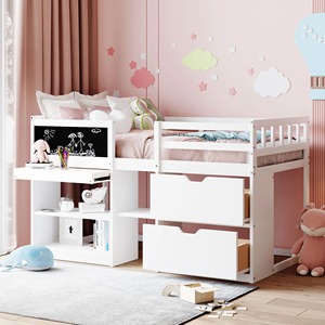 Lit mezzanine pour enfants en bois <span class=keywords><strong>avec</strong></span> tiroirs de rangement, étagères, <span class=keywords><strong>bureau</strong></span> coulissant, tableau noir et barrière de sécurité - Product Image 5