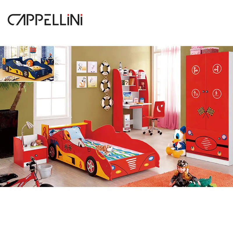 Nuevo diseño de coche de dibujos animados escuela niños dormitorio muebles conjunto hogar Super Cool cama de coche de madera para niños niño