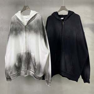 Yingling 400g Sweat à capuche zippé vintage pour homme en molleton 100% coton, uni, hiver, effet délavé, double fermeture éclair - Product Image 6