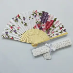 Kipas tangan Jepang, kipas tangan pernikahan bingkai bambu, kain desain bunga Satin putih Jepang