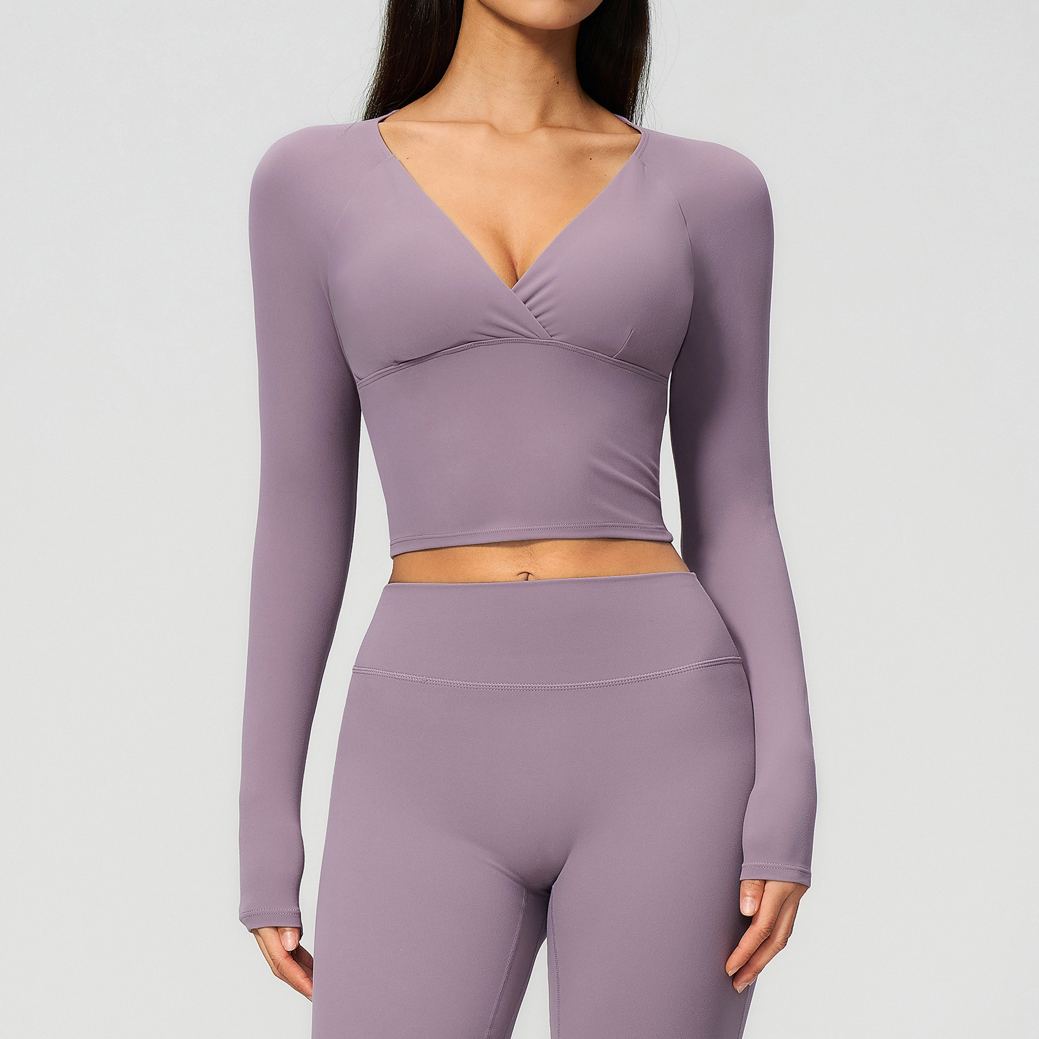 V Neck Long Sleeve Solid Four-way Stretch Breathable Yoga T-Shirt High Elastic Training Fitness Sports Top Tight