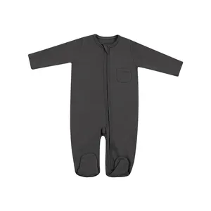 Benutzer definierte GOTS Certified Organic Cotton/ Bamboo Plain Reiß verschluss Langarm Füße Baby kleidung Sommer Stram pler Baby Pyjamas