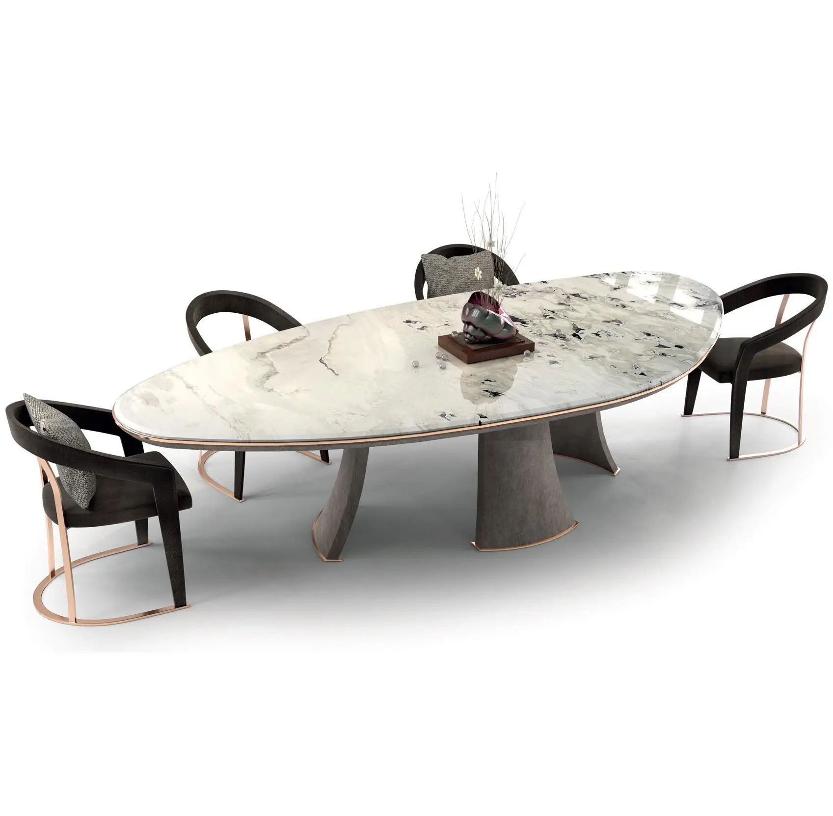 Mesa de comedor de acero inoxidable dorado con sillas Juego de mesa de comedor moderno Mesas de comedor de mármol ovaladas de lujo de 8 plazas
