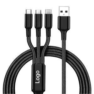 Kabel pengisi daya USB nilon 3 in 1 1.2 meter, gratis sampel kabel ponsel pengisian cepat untuk kabel ponsel