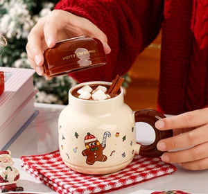 Ensemble de tasses à café en céramique de Noël mignonnes de 520 ml avec couvercle, sans danger pour les aliments, pour cadeaux promotionnels et usage festif - Product Image 6