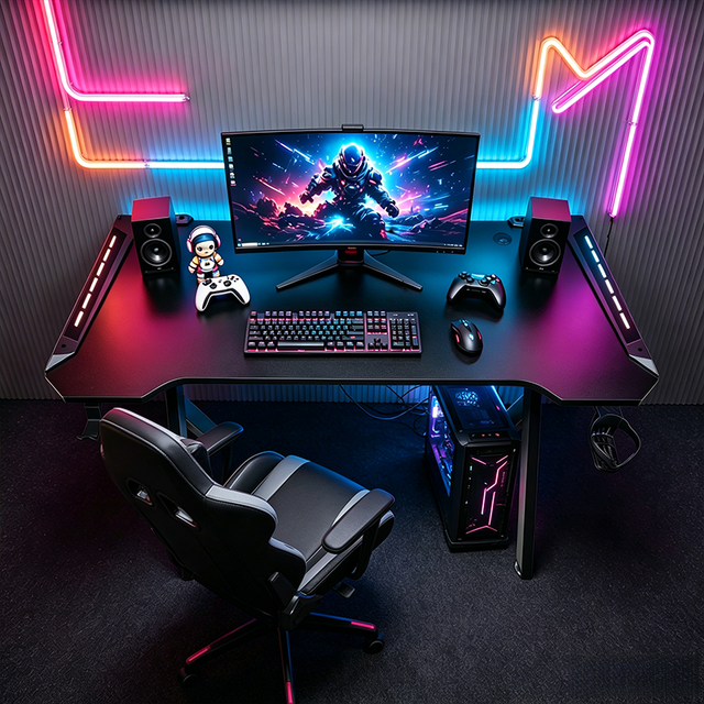Factory Wholesale Rgb Led Light Gamer Desk Z Shaped Black Desktop Simple Game Room Computer Tab