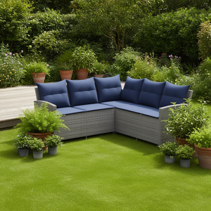 Canapé de jardin en polyrotin gris en forme de L, ensemble de canapés d'extérieur rembourrés, design contemporain imperméable - Product Image 2