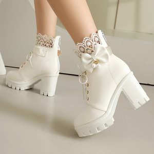 <b>White</b> Ankle Boots Lace-Up Chunky <b>Heel</b> Round Toe Bow Decoration PU All Seasons Style Drop Shipping - Product Image 2