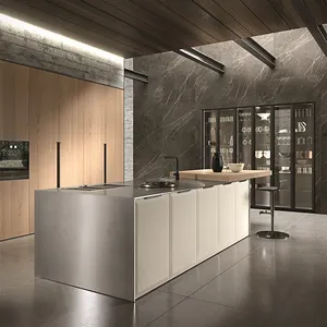 Juego de muebles de cocina modulares de madera sólida, mobiliario de cocina profesional de un solo uso, diseño completo y moderno, color gris