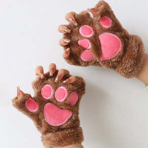 Women's Winter <b>Cat</b> <b>Paw</b> <b>Gloves</b> Plush Half Finger Warm Fleece Lined Korean Style - Product Image 3