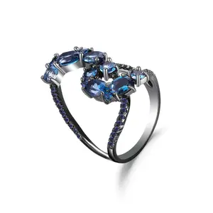 W0323 Abiding Jewelry Natural London Blue Topaz Gemstone Women Finger Black Gun Plated 925 Sterling Silver Ring