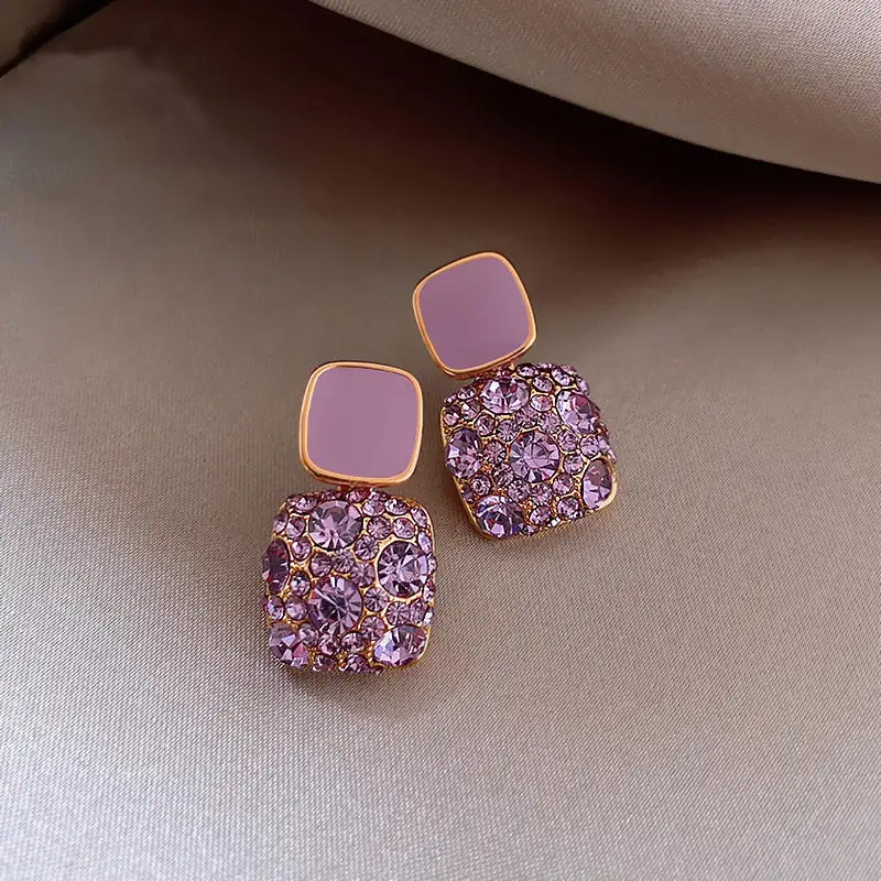 Style coréen mignon violet carré cristal strass boucles d'oreilles élégant argent aiguille géométrique diamant boucles d'oreilles femmes