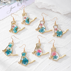 Sitting Cat Shape Gold Frame Resin Dangle <b>Earrings</b> Pressed Dried Flower Floral Drop <b>Hook</b> <b>Earrings</b> Women Cute Botanical Jewelry - Product Image 1