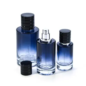 Yüksek dereceli şeffaf koyu mavi degrade silindirik püskürtücü boş cam şişe temizle parfüm şişesi kozmetik ambalaj