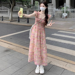 French Style Floral Print Sundress Square Collar <b>Elastic</b> Waist Breathable Casual <b>Dress</b> For Summer 2025 - Product Image 1