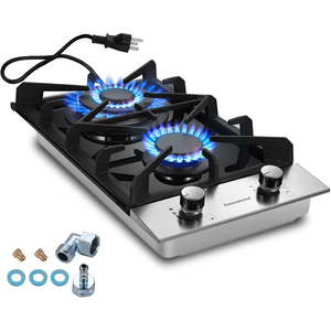 Table de cuisson au gaz propane à <span class=keywords><strong>2</strong></span> brûleurs, 12 pouces, GPL/GN, double combustible, intégrée, plaque de cuisson au gaz, verre trempé noir - Product Image 1
