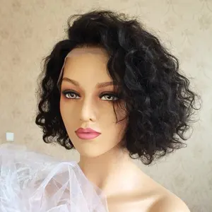 Highknight Aliexpress 100% Cabelo Humano Virgem Brasileiro 13*4 Rendas Frontal Corte Curto Pixie Perucas Encaracoladas Para As Mulheres Negras