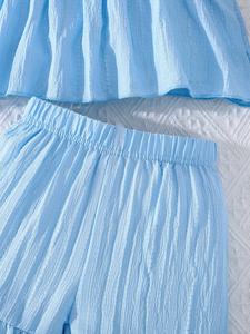 Nuovo Completo Estivo in Cotone per Bambine, Set Due Pezzi <span class=keywords><strong>Blu</strong></span> con Maniche a Sbuffo, Top e Pantaloncini Tinta Unita Casual per Bambini - Product Image 5