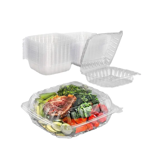 Scatola di imballaggio per alimenti da asporto a conchiglia per ristorante trasparente in plastica usa e getta 9 \ "x9 \ 1 scomparto PP incernierato per contenere