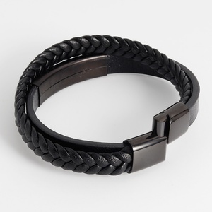Wholesale Black Plated Hand-weaving Strand Stainless Steel Blank Bar Charm <b>Leather</b> <b>Bracelet</b> for Men - Product Image 3