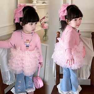 Girls Cotton Two Piece Set Pink Top With Tulle Skirt And Jeans Spring Outfit For Toddler Fashion Clothes - Product Image 1