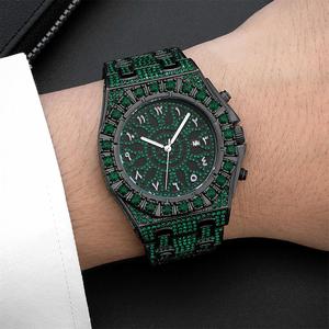 Hoge Kwaliteit Zwart Metaal Kleur Lichtgevende Waterdichte Kalender Met Volledig Groene Strass Arabische Schaal Hiphop Heren Quartz Horloge - Product Image 6