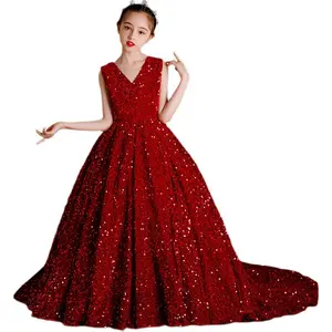 European New Design Girls' Wedding Dresses Sequin Flower Girl Red Tail Dress