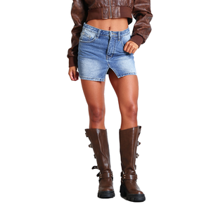 Tùy Chỉnh Váy Cho Phụ Nữ Cotton Chất Lượng Cao Cổ Điển Ánh Sáng Màu Xanh Rửa Denim Vải Của Phụ Nữ Chia <span class=keywords><strong>Miniskirt</strong></span> - Product Image 1