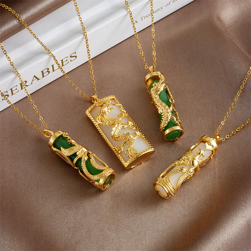 18k Gold Plated Jewelry Retro Chinese Loong Dragon Phoenix Column Pendant  Necklace Stone Agate Green Jade Necklace