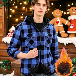 Мужская экологичная флисовая толстовка из фланели с клетчатым узором, воротником-стойкой, зимняя, с логотипом спереди, на одной пуговице, с подкладкой из полиэстера, мягкая и теплая - Product Image 1