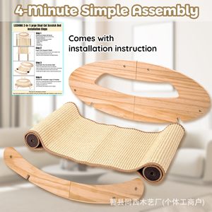 Cat <b>Bed</b> With Scratching <b>Pad</b> Semi Circle Wooden Pet Furniture For Cats With Toys And Washable Mat - Product Image 4