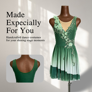 Vestido de Patinaje Artístico Verde con Pedrería, Malla y Spandex, Traje de Competición con Cuello en V, Vestido de Danza Lírica para Mujer - Product Image 1