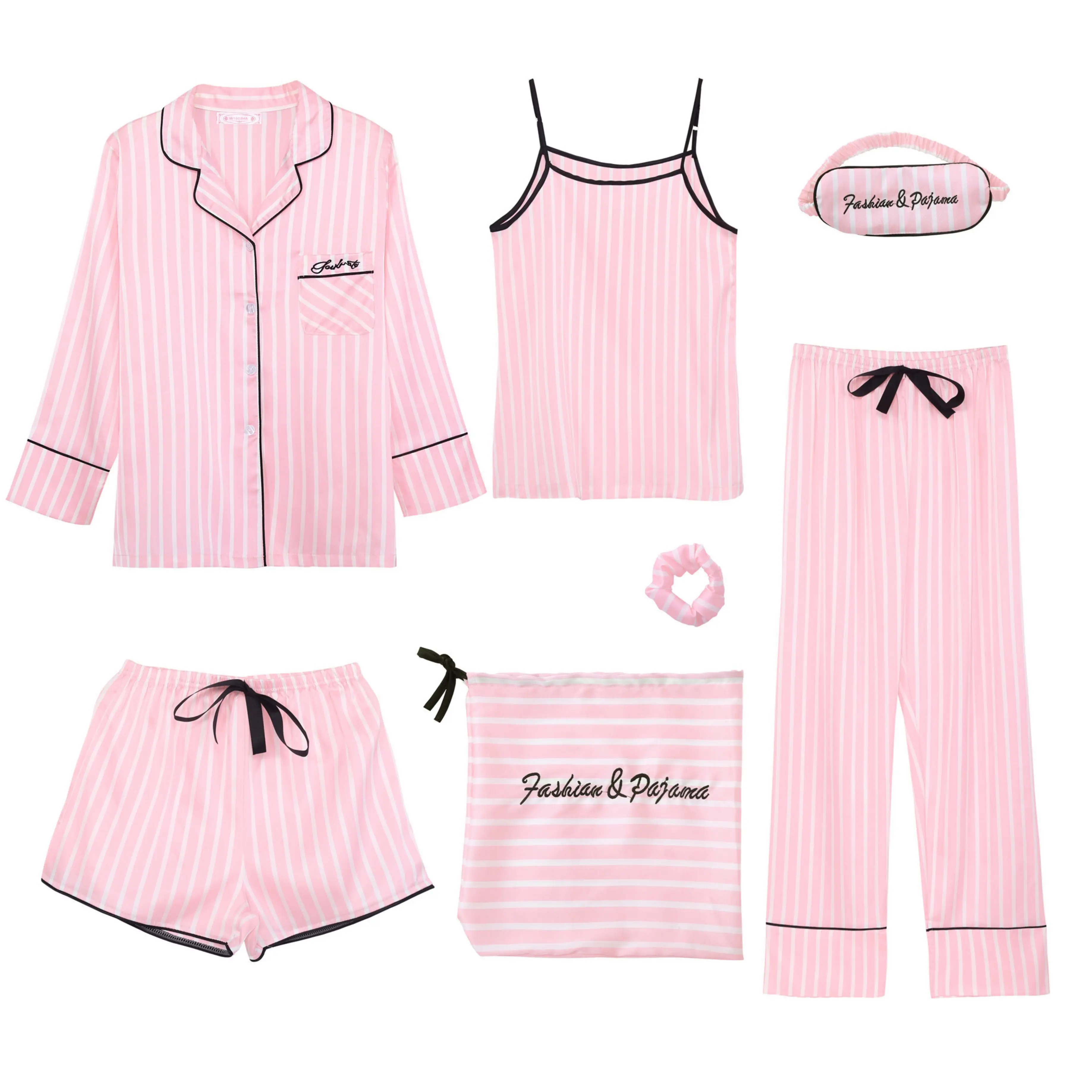NANTEX Ins Style Pyjamas Women 7 Pieces Summer Spring Satin Sleepwear Lingerie Homewear Pijamas Set