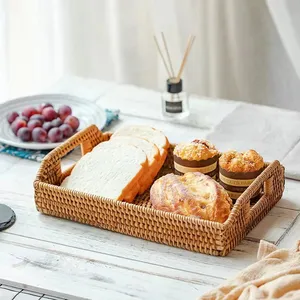 Unique Design Rattan Woven <b>Tray</b> Rustic Rattan Rectangle <b>Tray</b> With Handles for Serving <b>Dinner</b> Party Coffee - Product Image 2