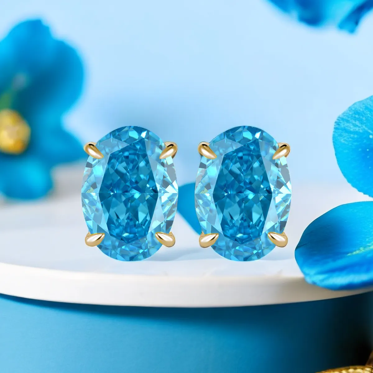 S925 argent plaqué platine et or ovale glace mignon topaze bleu boucles d'oreilles exquis boucles d'oreilles élégantes pour les filles pour la fête
