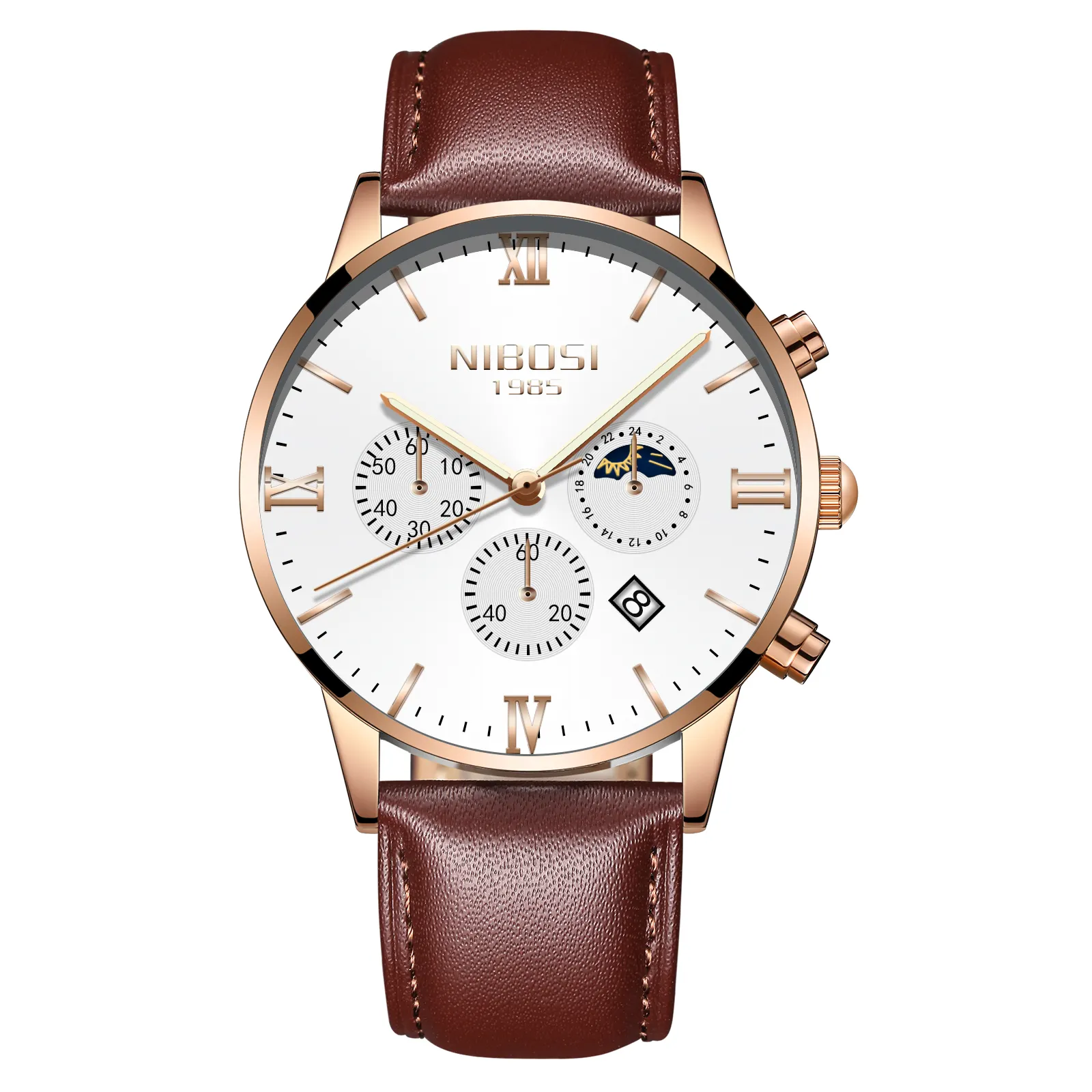 Relógio de pulso com mostrador branco, relógio de pulso personalizado com pulseira de couro marrom
