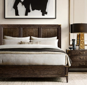 Cama Doble de Madera Maciza Estilo Rústico Americano con Detalles Metálicos Antiguos, Muebles Personalizables para Dormitorio, Villa u Hotel - Product Image 1