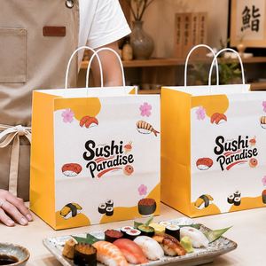 Sacs à emporter en papier kraft personnalisés avec logo de restaurant, recyclables, laminés, écologiques, avec poignée pour les sushis - Product Image 5