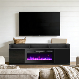 Support TV en bois avec cheminée décorative à LED 3 couleurs et armoires de rangement pour la maison et l'hôtel - Product Image 1