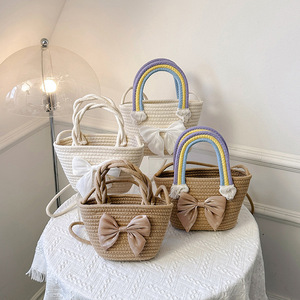 <b>Rainbow</b> Handbag Women Handmade Cotton Thread Straw Bucket <b>Bag</b> Khaki Off White Fashion Trend Everyday Outfits Summer 2023 - Product Image 2