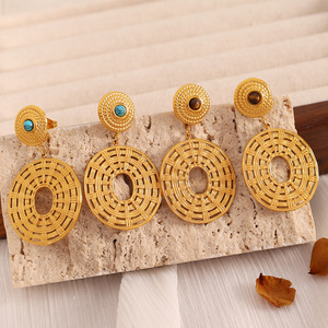 Geometric Pendant <b>Earrings</b> <b>Gold</b> Tone Turquoise Tiger Eye Inlay Bezel Setting Fashion <b>Dangle</b> <b>Earrings</b> - Product Image 3