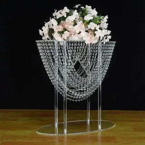 2022 Luxus Acryl Hochzeit Blumen ständer mit Perlen Vorhänge 24 Zoll klare Blumen ständer Hochzeits dekoration Straße Blei Kristall