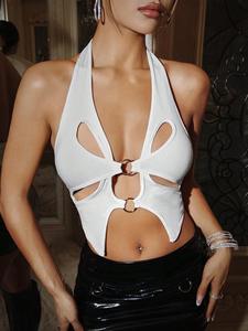 Viviblook Z228TP Top sin mangas para mujer, ropa de verano, nuevo, sexy, ajustado, con espalda descubierta, tiras y anillo metálico, top corto halter sexy - Product Image 5