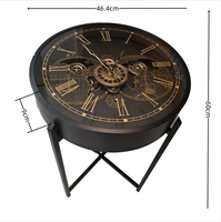 Table d'appoint ronde Steampunk avec horloge, plateau en verre motif carte du monde vintage, structure métallique industrielle, table d'appoint de canapé pour la décoration du salon