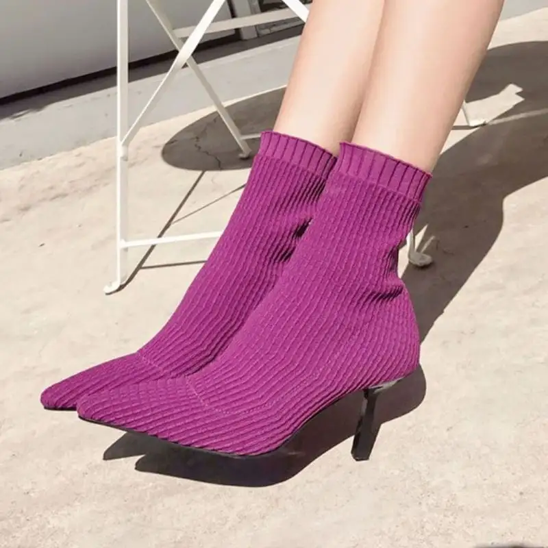 Stretchy Material Purple Latest Design Damen Stiefel Block Heel Ankle Women Boots 2022 for Lady