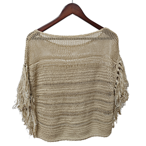 Women's Casual Light Khaki Hand Knitted Hollow-out Knit <b>Top</b> with <b>Batwing</b> Sleeves & Tassel Design Front Logo - Product Image 4