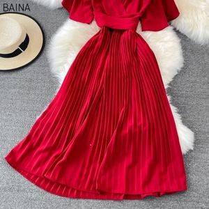 Nuevo Vestido Casual de Mujer, Manga Corta, Cuello en V, Plisado, Drapeado, Chifón, Cintura Alta, Maxi - Product Image 5