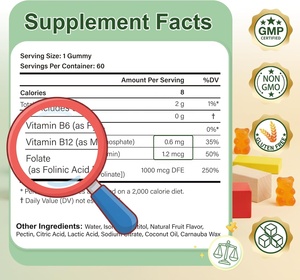 Gomitas de Ácido Fólico OEM con Complejo B Metilado, Metil <span class=keywords><strong>B12</strong></span>, B6, Suplemento de Folato para el Cerebro, la Concentración y el Crecimiento Saludable de los Niños - Product Image 2