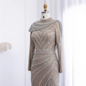 Robes <span class=keywords><strong>de</strong></span> <span class=keywords><strong>Soirée</strong></span> Musulmanes <span class=keywords><strong>de</strong></span> Luxe Argent Nude avec Cape Col Haut et Manches Longues pour Femmes, Fêtes <span class=keywords><strong>de</strong></span> Mariage LSZ035 - Product Image 3