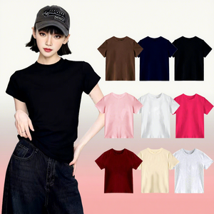 Camiseta <span class=keywords><strong>de</strong></span> <span class=keywords><strong>Mujer</strong></span> <span class=keywords><strong>de</strong></span> Alta Calidad, 220 g/m², Algodón Grueso, Manga Corta, Color Liso, Suave y Transpirable, Cuello Redondo, Estilo Casual Básico para Verano - Product Image 1